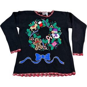 Vintage Santas Club Embellished Christmas Sweater Holiday Wreath Med Beaded Ugly